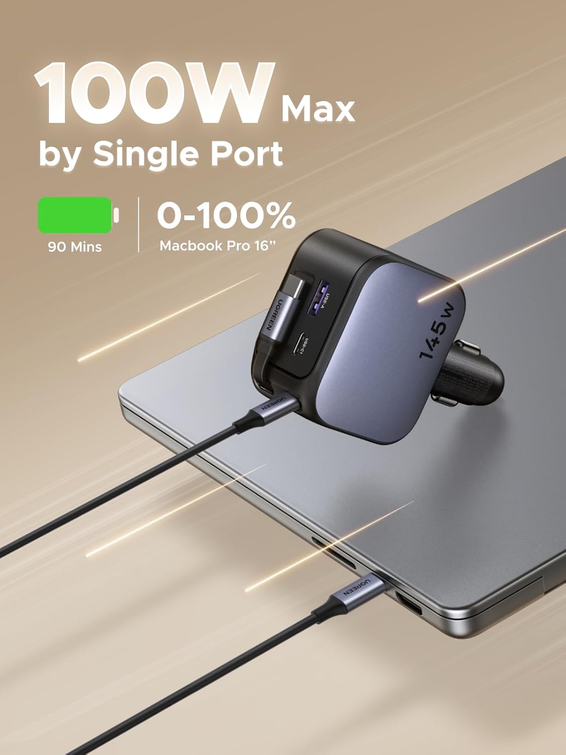 Usb C Cable - UGREEN 145W 3C1A Retractable Car Charger,